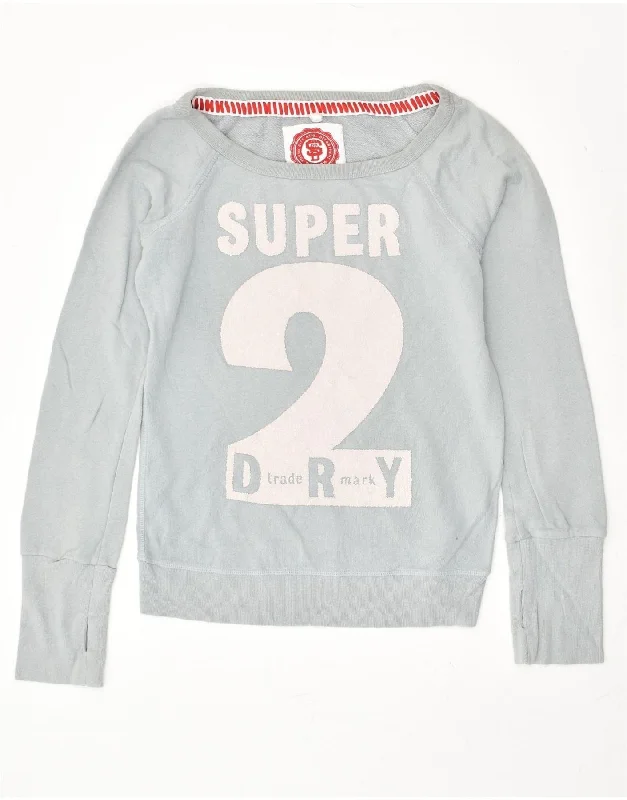 SUPERDRY Womens Loose Fit Graphic Sweatshirt Jumper UK 6 XS Blue Cotton Hoodie with V-Neck Classic Versatile