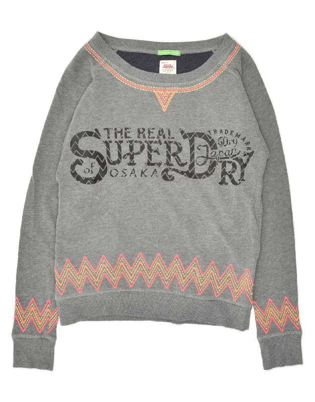 SUPERDRY Womens Oversized Graphic Sweatshirt Jumper UK 6 XS Grey Chevron Hoodie with Set-In Sleeves Structured Classic