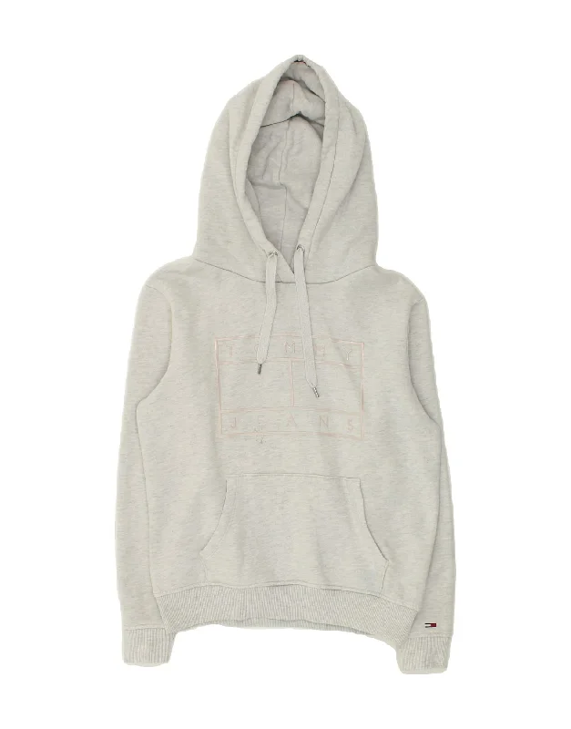 TOMMY HILFIGER Womens Graphic Hoodie Jumper UK 14 Medium Grey Cotton Hoodie with Print Artistic Unique
