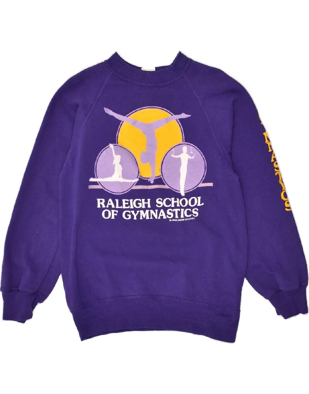 VINTAGE Womens Graphic Sweatshirt Jumper UK 10 Small Purple Polyester Hoodie with Ribbed Neckline Snug Warm