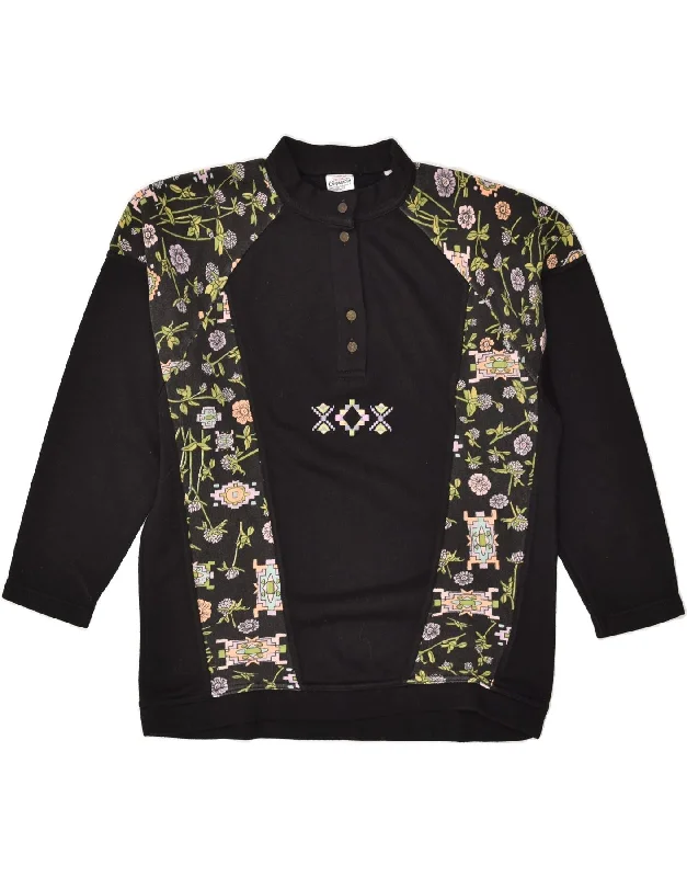 VINTAGE Womens Sweatshirt Jumper IT 46 Large Black Floral Cotton Hoodie with Set-In Sleeves Structured Classic VINTAGE Womens Sweatshirt Jumper IT 46 Large Black Floral Cotton Hoodie with Set-In Sleeves Structured Classic