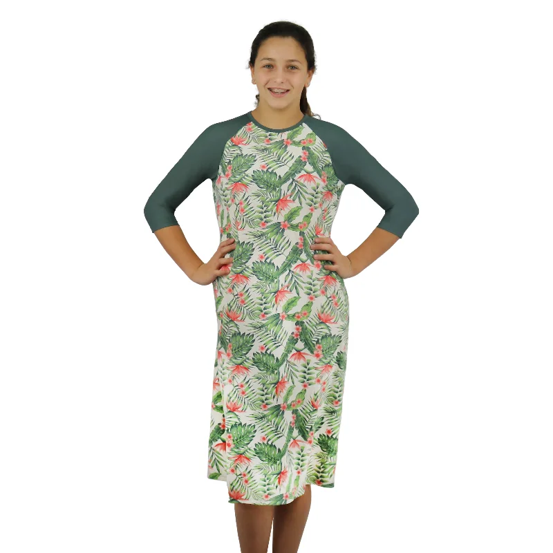 Girls Modest Tznius 3/4 Sleeve UPF 50+ Sun Protection bathing Suit Swimdress (Acapulco in Color / Green Sleeves ) Floral Bikini Top Girls Modest Tznius 3/4 Sleeve UPF 50+ Sun Protection bathing Suit Swimdress (Acapulco in Color / Green Sleeves ) Floral Bikini Top