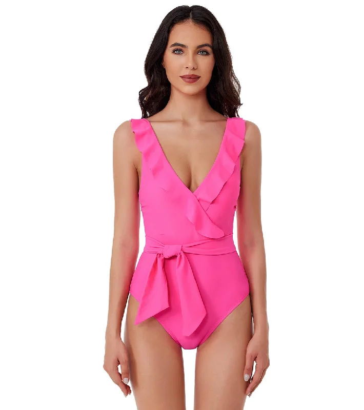 BCA by Rebecca Virtue Women's Ruffle Romance Neck One Piece Swimsuit Hot Pink Tie-Back Swimwear BCA by Rebecca Virtue Women's Ruffle Romance Neck One Piece Swimsuit Hot Pink Tie-Back Swimwear