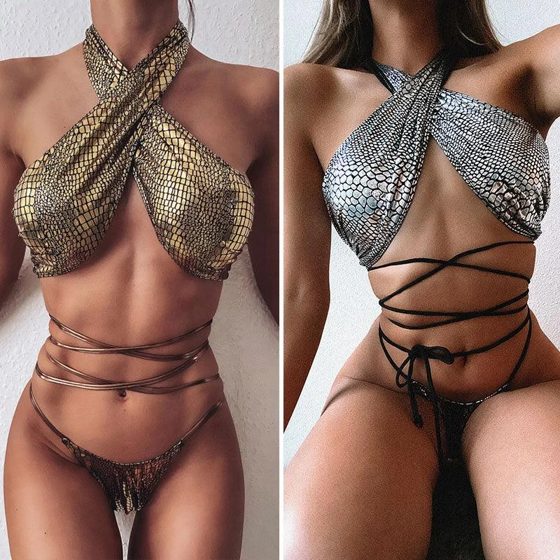 Bikini sexy bikini hot style snake print fabric strappy swimsuit Retro-Inspired Bikini Set Bikini sexy bikini hot style snake print fabric strappy swimsuit Retro-Inspired Bikini Set