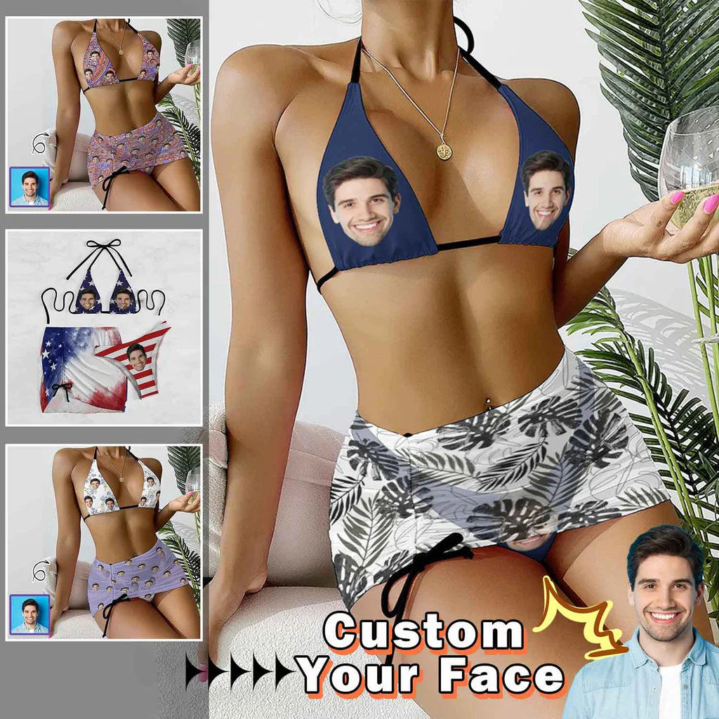 Custom Face Leaves Bikini Set For Women 3-Pieces Summer Swimsuit Elegant Swimsuit Bottoms Custom Face Leaves Bikini Set For Women 3-Pieces Summer Swimsuit Elegant Swimsuit Bottoms