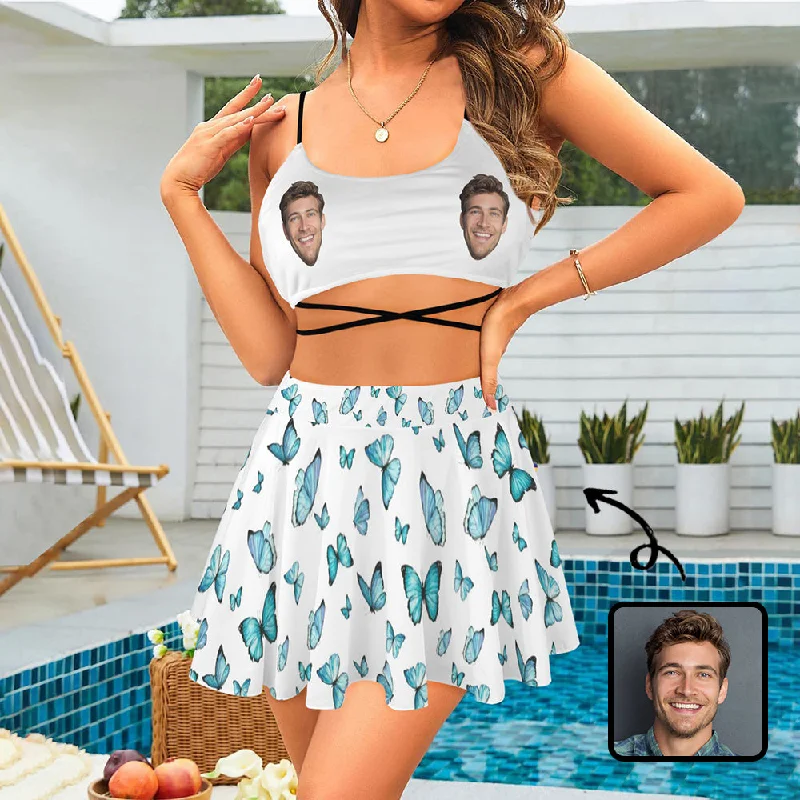 Personalized Face Swimsuit Custom Face Butterfly White Background Women's String Three-Piece Bikini Swimsuit Skirt Vibrant Bikini Bottoms Personalized Face Swimsuit Custom Face Butterfly White Background Women's String Three-Piece Bikini Swimsuit Skirt Vibrant Bikini Bottoms