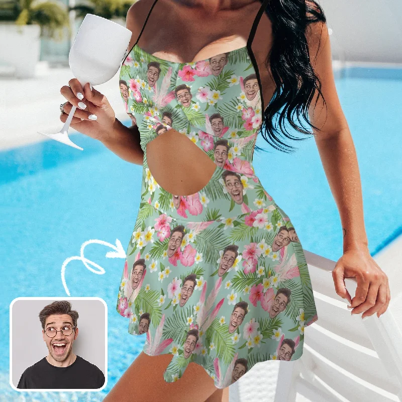 Personalized Face Swimsuit Dress Custom Face Green Leaves&Pink Flower Women's Cutout Cross Back Swimming Dress Elegant Swim Dress Personalized Face Swimsuit Dress Custom Face Green Leaves&Pink Flower Women's Cutout Cross Back Swimming Dress Elegant Swim Dress