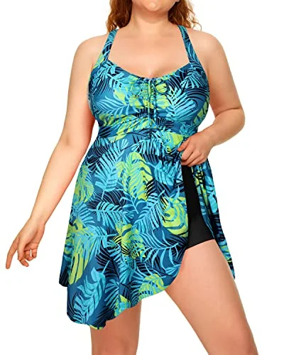 Sexy Cross-Back Tummy Control Plus Size Two Piece Swimdress-Blue Leaf Monokini Swimsuit Design Sexy Cross-Back Tummy Control Plus Size Two Piece Swimdress-Blue Leaf Monokini Swimsuit Design