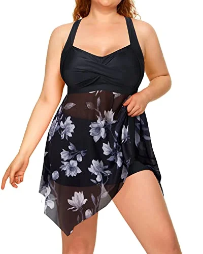 Long Torso Tankini Swimsuits Mesh Skirt And Boyshorts For Women-Black Classic One-Piece Long Torso Tankini Swimsuits Mesh Skirt And Boyshorts For Women-Black Classic One-Piece