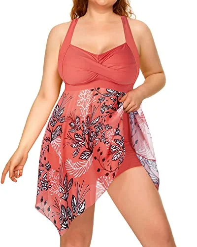 Plus Size Two Piece Mesh Swim Dress Boyshorts For Women-Pink Flower Comfortable Swim Shorts Plus Size Two Piece Mesh Swim Dress Boyshorts For Women-Pink Flower Comfortable Swim Shorts