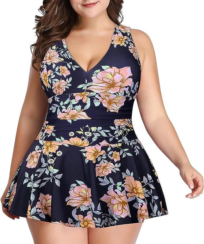 Swimdress Two Piece Retro V-Neck Swimsuit with Ruffles Floral Print Button-Front Swimsuit Swimdress Two Piece Retro V-Neck Swimsuit with Ruffles Floral Print Button-Front Swimsuit