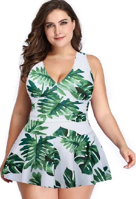 Swimdress Two Piece Retro V-Neck Swimsuit with Ruffles White Leaf Print Ruffled Swimsuit Top Swimdress Two Piece Retro V-Neck Swimsuit with Ruffles White Leaf Print Ruffled Swimsuit Top