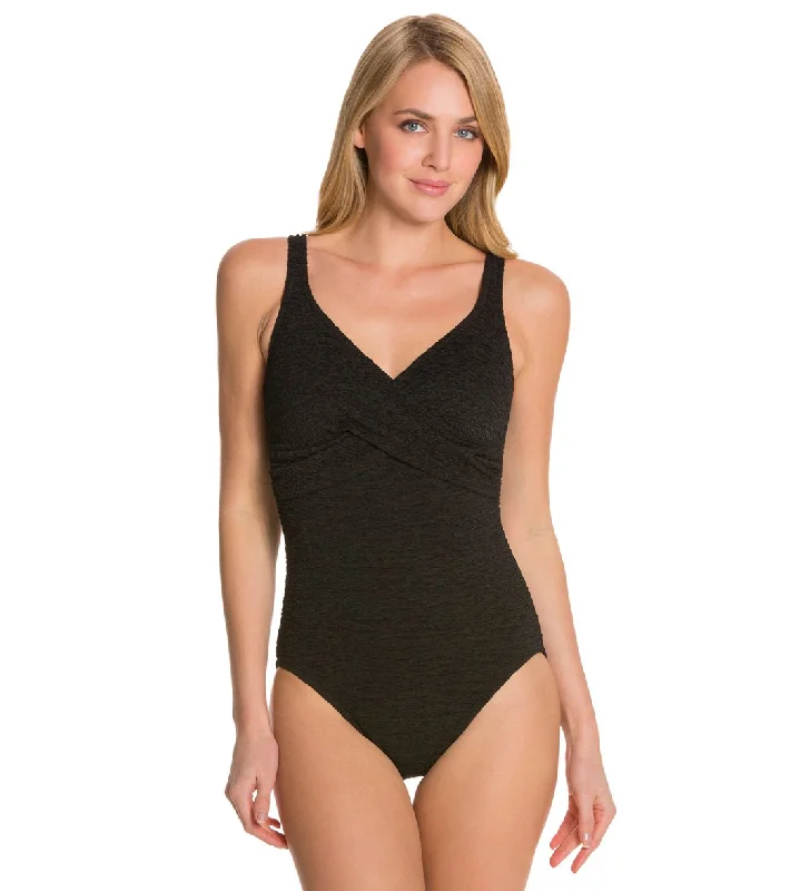 Women's Krinkle By Penbrooke Chlorine Resistant Cross Over One Piece Swimsuit Black Stylish Cover-Up Set Women's Krinkle By Penbrooke Chlorine Resistant Cross Over One Piece Swimsuit Black Stylish Cover-Up Set