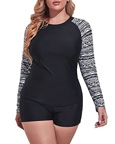 Women's Plus Size 2 Piece Rash Guard Swimsuit Boyleg Bottom-Black And White Snake Print Adjustable Strap Swimsuit Women's Plus Size 2 Piece Rash Guard Swimsuit Boyleg Bottom-Black And White Snake Print Adjustable Strap Swimsuit