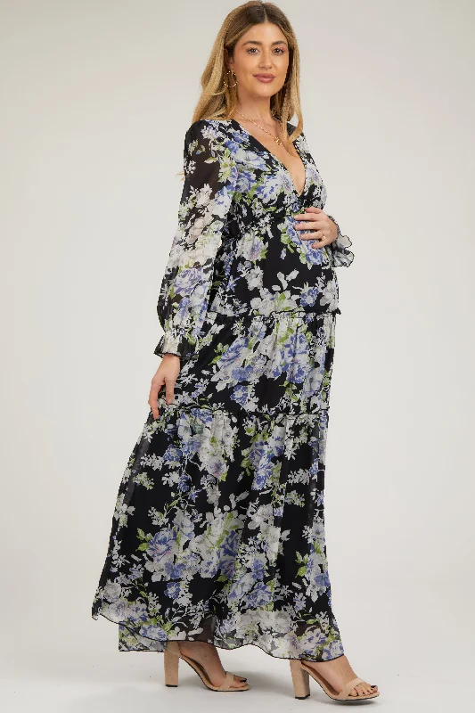 Black Floral Chiffon Deep V Ruffle Tiered Maternity Maxi Dress Elegant Maxi Dress with Ruffles Black Floral Chiffon Deep V Ruffle Tiered Maternity Maxi Dress Elegant Maxi Dress with Ruffles
