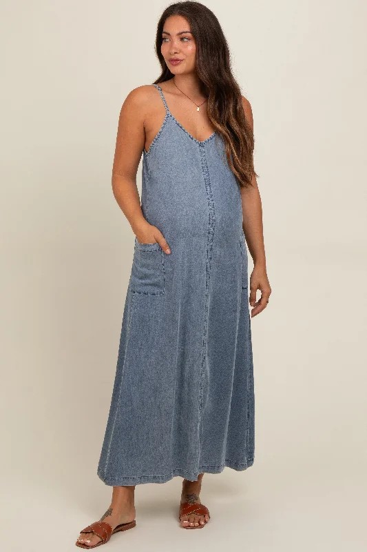Blue Chambray Pocketed Maternity Maxi Dress Comfortable Satin Maxi Dress