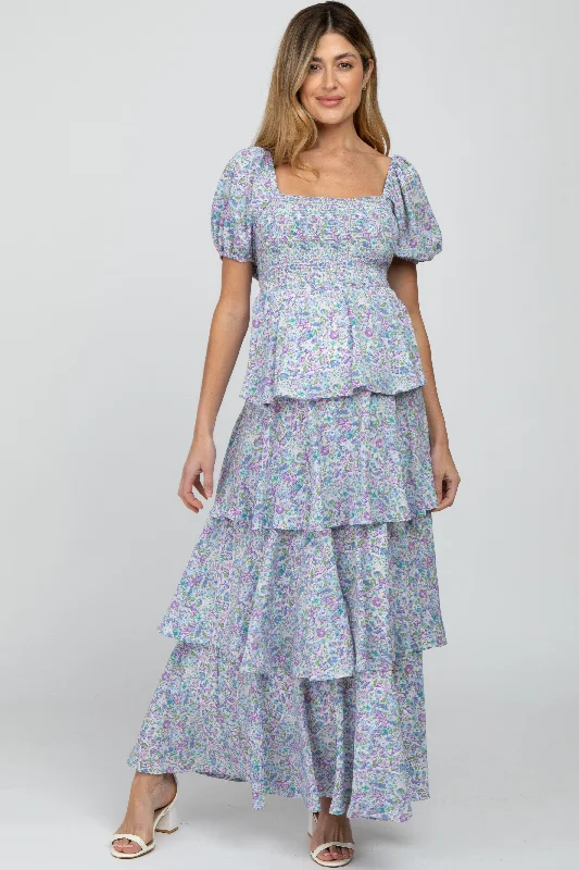 Blue Floral Square Neck Ruffle Layered Maternity Maxi Dress Elegant Sleeveless Maxi Dress Blue Floral Square Neck Ruffle Layered Maternity Maxi Dress Elegant Sleeveless Maxi Dress