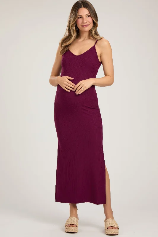 Burgundy Ribbed Side Slit Maternity Maxi Dress Comfortable Plunging Neckline Maxi Dress Burgundy Ribbed Side Slit Maternity Maxi Dress Comfortable Plunging Neckline Maxi Dress