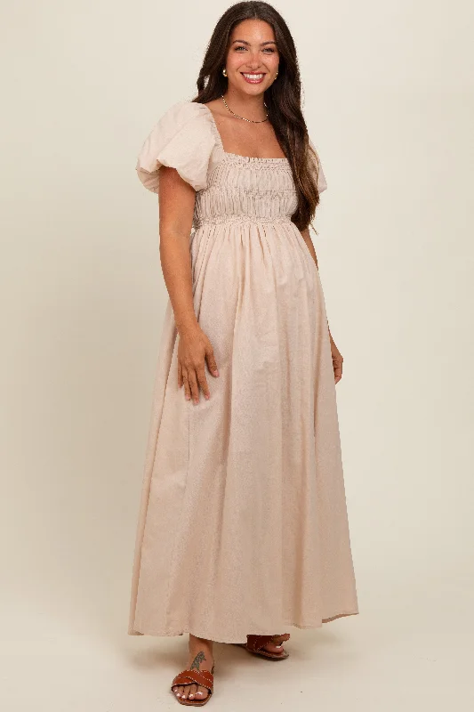 Cream Puff Sleeve Smocked Maternity Maxi Dress Comfortable Casual Maxi Dress