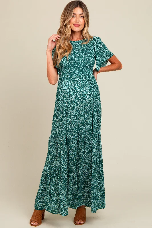 Deep Teal Floral Smocked Flutter Sleeve Maternity Maxi Dress Fashionable Faux Wrap Maxi Dress