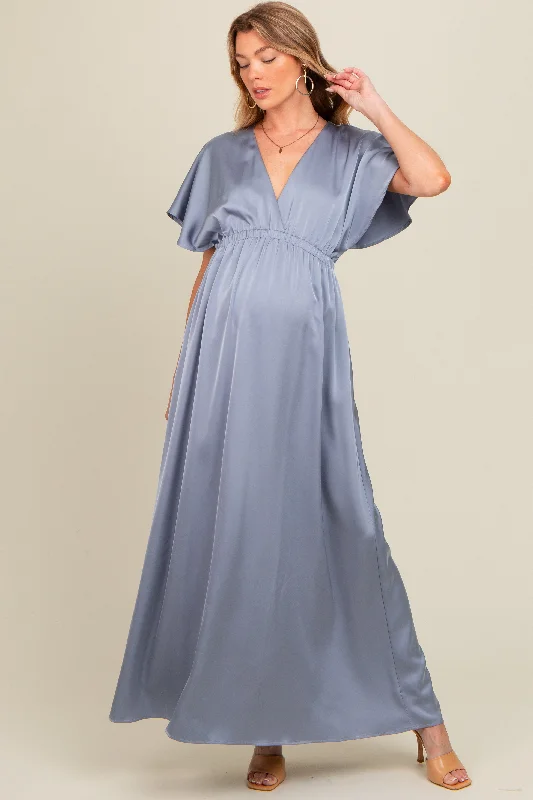 Grey Satin V-Neck Flutter Short Sleeve Maternity Maxi Dress Casual Maxi Dress with Pockets
