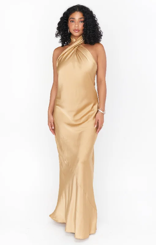 Jasmine Halter Maxi Dress ~ True Gold Luxe Satin Trendy Maxi Dress with Lace