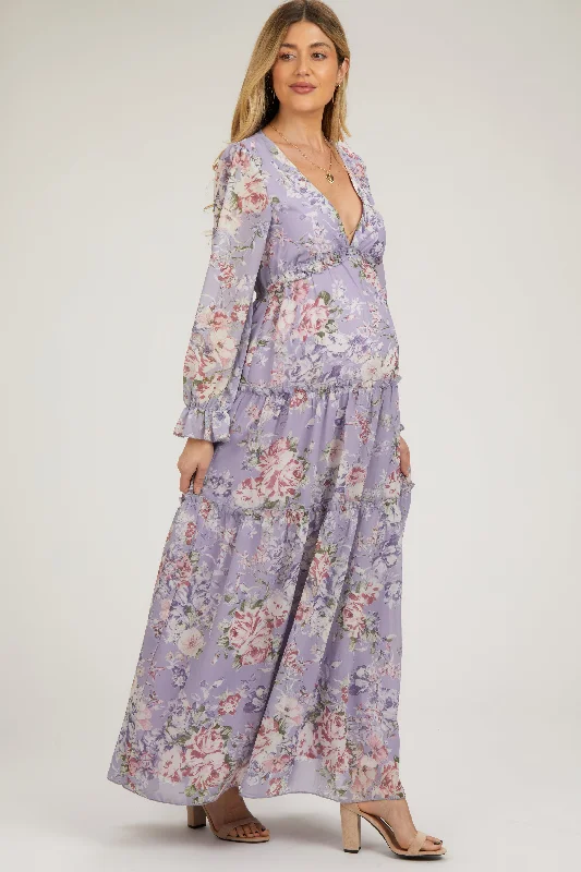 Lavender Floral Chiffon Deep V Ruffle Tiered Maternity Maxi Dress Elegant Boho Maxi Dress Lavender Floral Chiffon Deep V Ruffle Tiered Maternity Maxi Dress Elegant Boho Maxi Dress