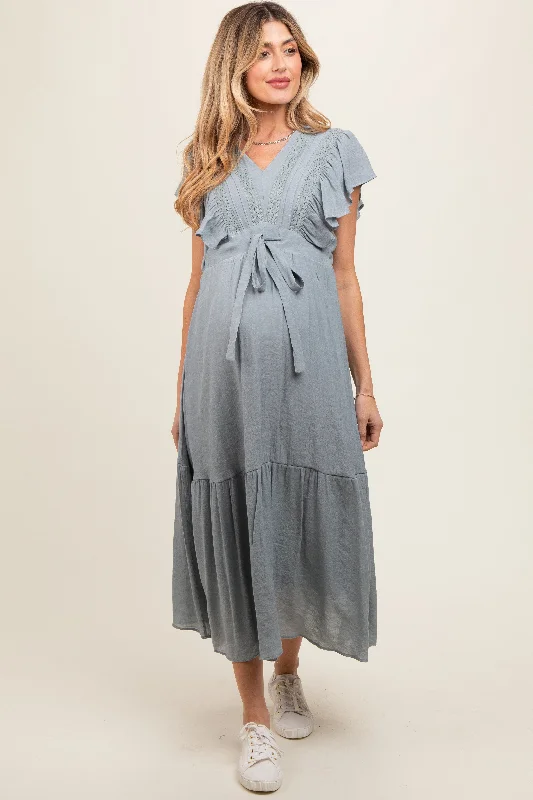 Light Blue Cuffed Sleeve Front Tie Maternity Maxi Dress Trendy Fit-and-Flare Maxi Dress