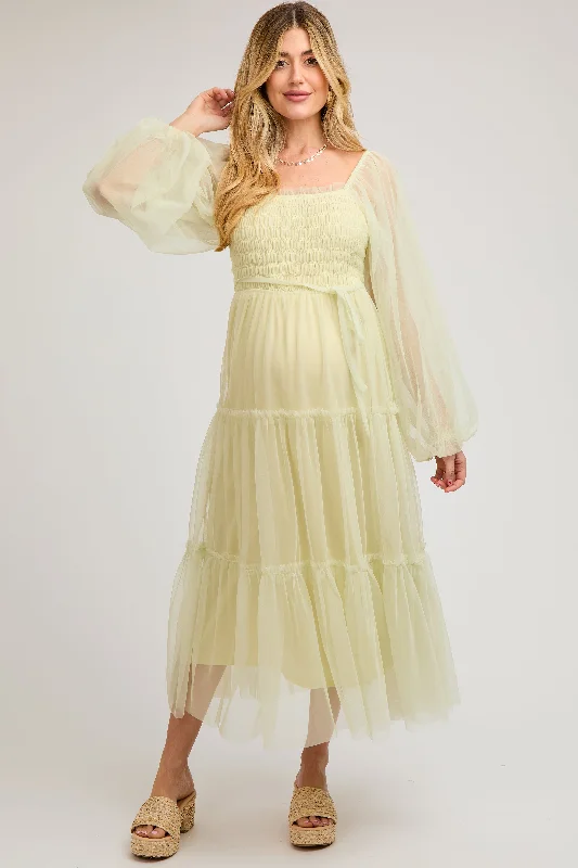 Light Olive Mesh Tiered Long Sleeve Maternity Maxi Dress Fashionable Sleeveless Maxi Dress
