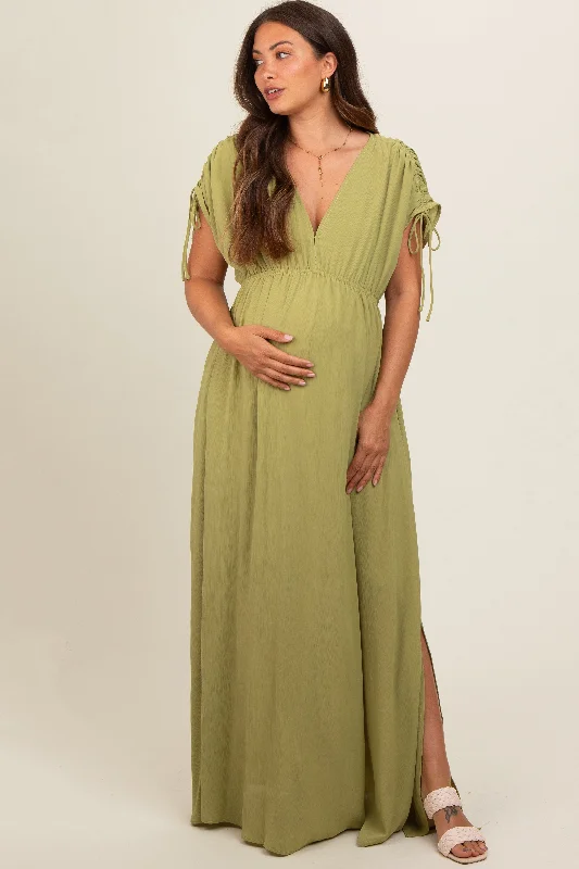Light Olive V-Neck Drawstring Short Sleeve Side Slit Maternity Maxi Dress Fashionable Asymmetrical Maxi Dress