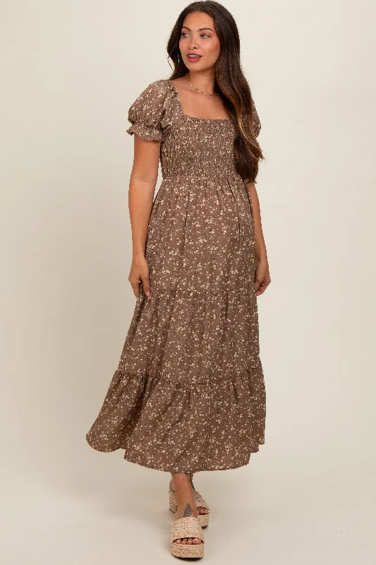 Mocha Floral Short Sleeve Maternity Maxi Dress Trendy Off-Shoulder Ruffle Maxi Dress