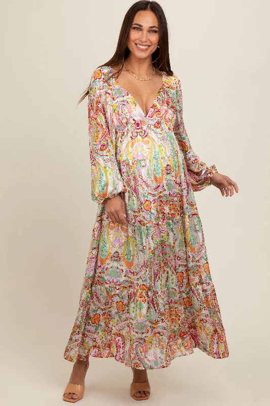 Multi-Color Floral Metallic Striped Tiered Long Puff Sleeve Maternity Maxi Dress Chic Summer Floral Maxi Dress