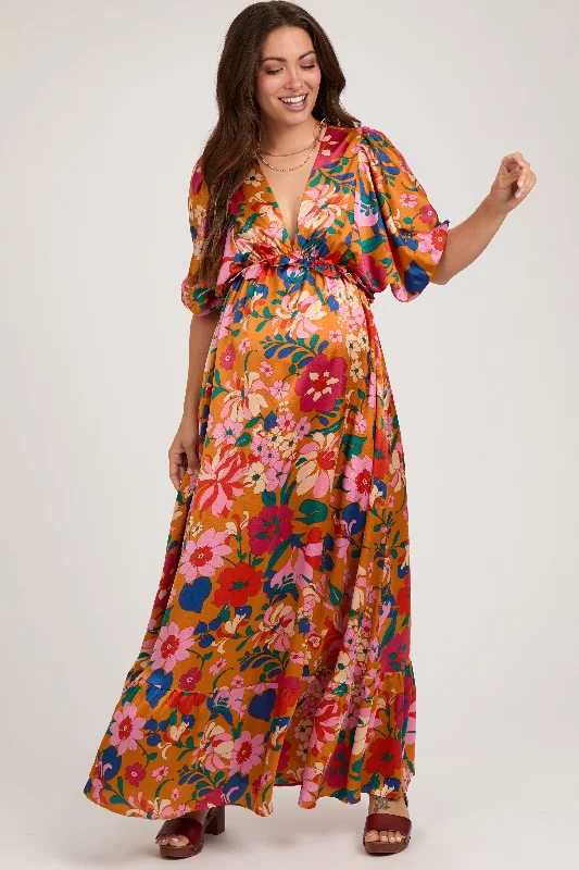 Orange Floral Satin Deep V-Neck Puff Sleeve Maternity Maxi Dress Comfortable Pleated Maxi Dress