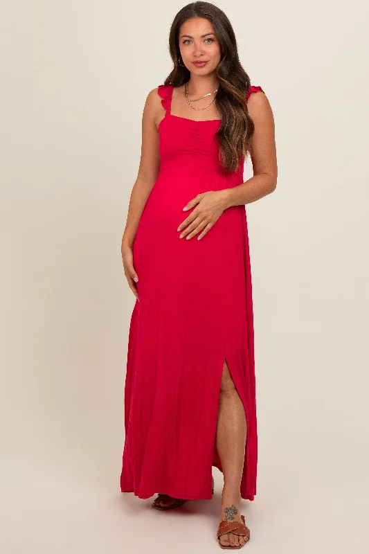 Red Ruffle Strap Maternity Maxi Dress Trendy V-Neck Maxi Dress