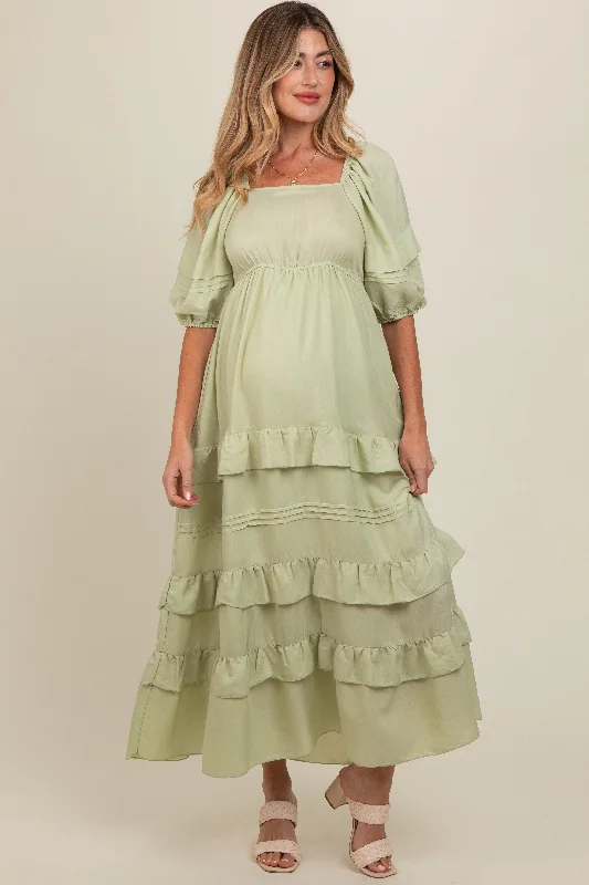Sage Ruffle Tiered Maternity Maxi Dress Chic Sleeveless Maxi Dress