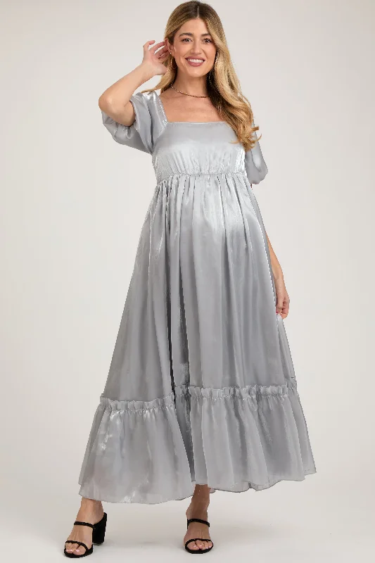 Silver Satin Square Neck Short Puff Sleeve Maternity Maxi Dress Cozy Maxi Dress with Slit Silver Satin Square Neck Short Puff Sleeve Maternity Maxi Dress Cozy Maxi Dress with Slit