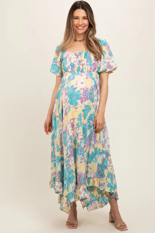 Teal Floral Puff Sleeve Handkerchief Hem Maternity Maxi Dress Comfortable Maxi Dress with Sleeves Teal Floral Puff Sleeve Handkerchief Hem Maternity Maxi Dress Comfortable Maxi Dress with Sleeves