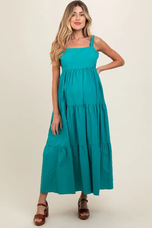 Teal Square Neck Cut Out Back Tiered Maternity Maxi Dress Stylish Pleated A-Line Maxi Dress Teal Square Neck Cut Out Back Tiered Maternity Maxi Dress Stylish Pleated A-Line Maxi Dress