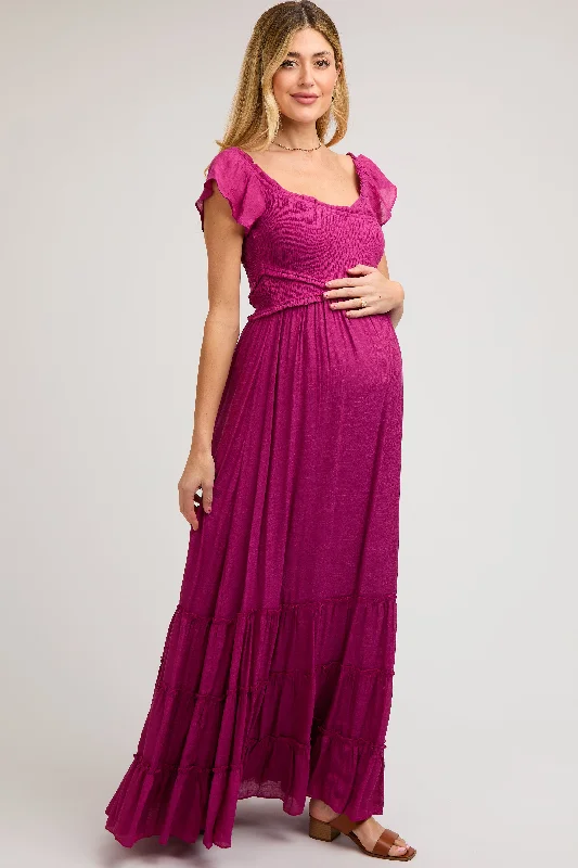Violet Smocked Crossover Off Shoulder Maternity Maxi Dress Trendy Short Sleeve Maxi Dress