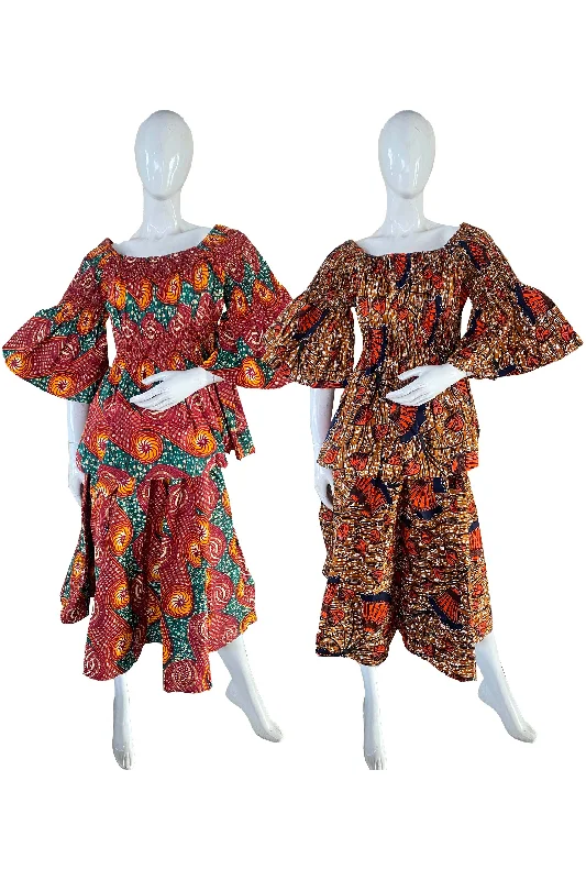 African Midi Skirt and Smoked Peplum Blouse (Pack of 2 Pieces) linen skirt airy
