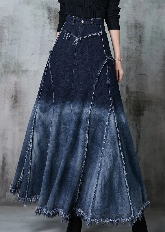 Elegant Gradient Color Patchwork Exra Large Hem Denim Skirt Spring lace skirt elegant
