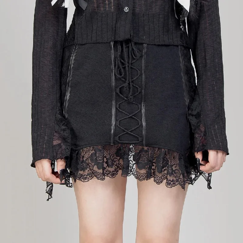 Women's Gothic Ruffled Lace Splice Lace-up Skirt velvet skirt glossy