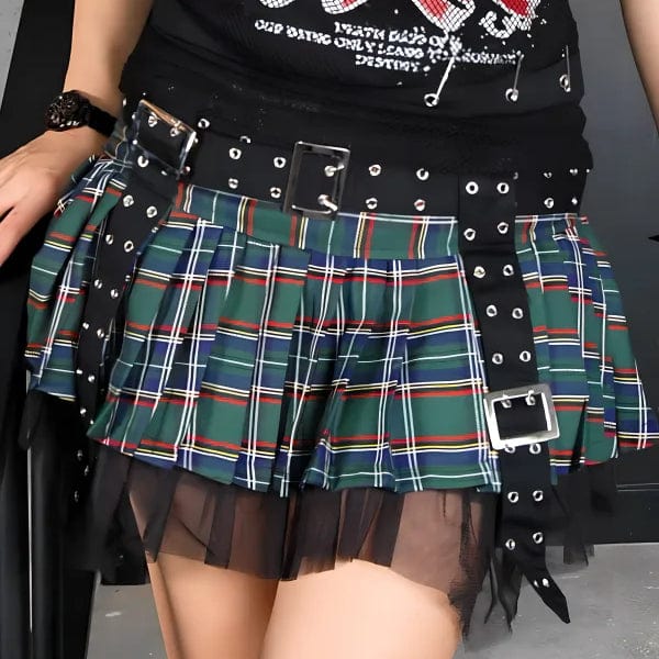 Women's Grunge Eyelet Buckled Plaid Pleated Skirt Green casual skirt length